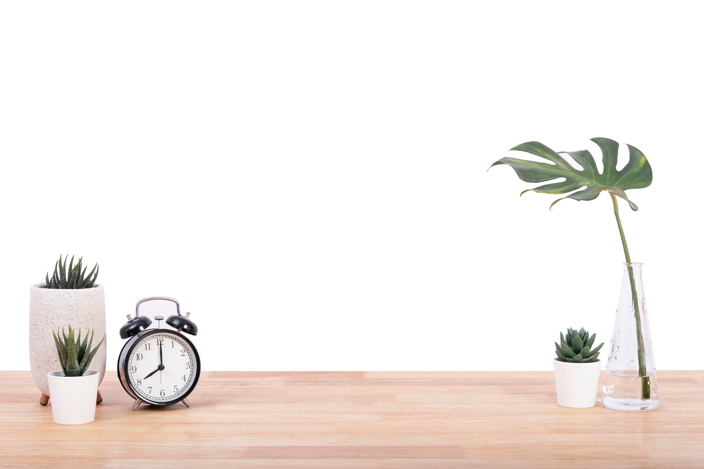 Empty wooden desk space over white background. Product display